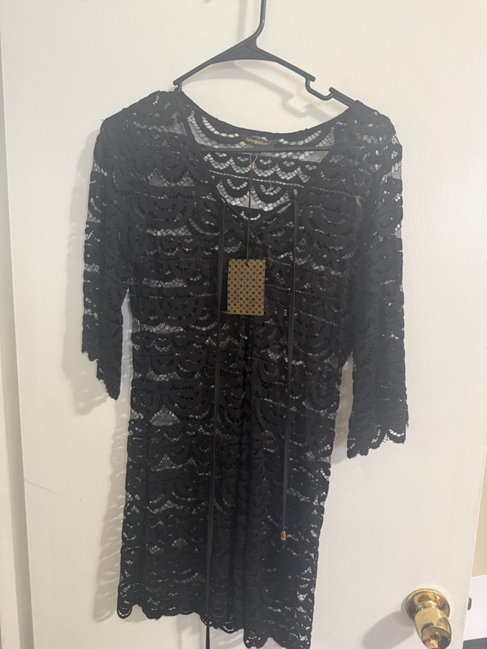 Black Lace Swim Coverup Tunic with Tie Front